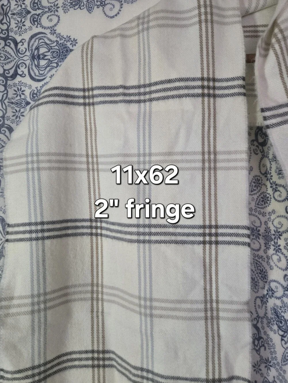 4/$15 Boho Cottagecore Plaid Fringe Scarf Cream Taupe Blue Cozy Oversized Wrap